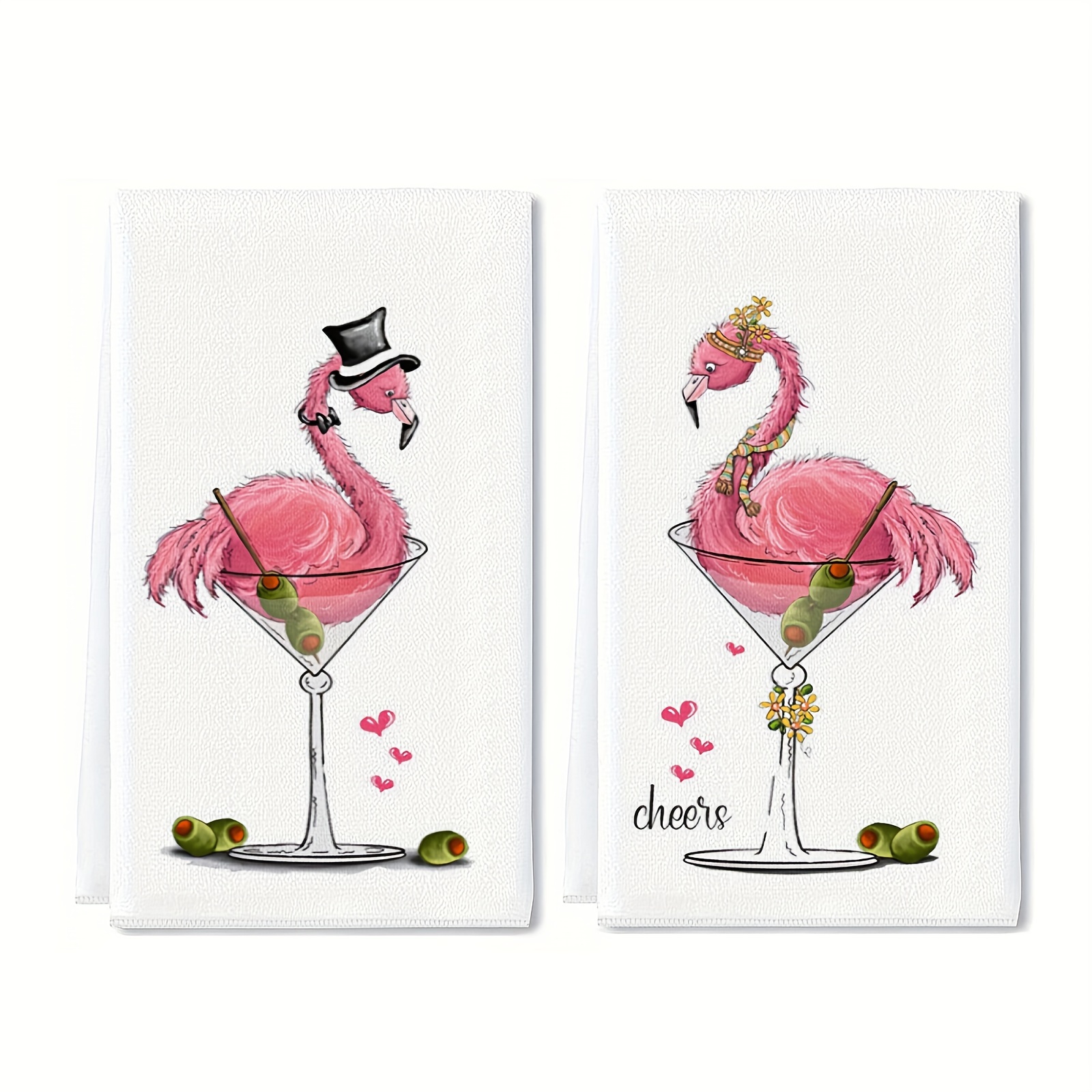 Image of 2pcs Fun Flamingo Kitchen Tea Towels, Flamingos And Cocktails, Exquisite Flamingo Gifts, Perfect For Parties Or Shower Gifts, Flamingo Hand Towels, Home Decor Items