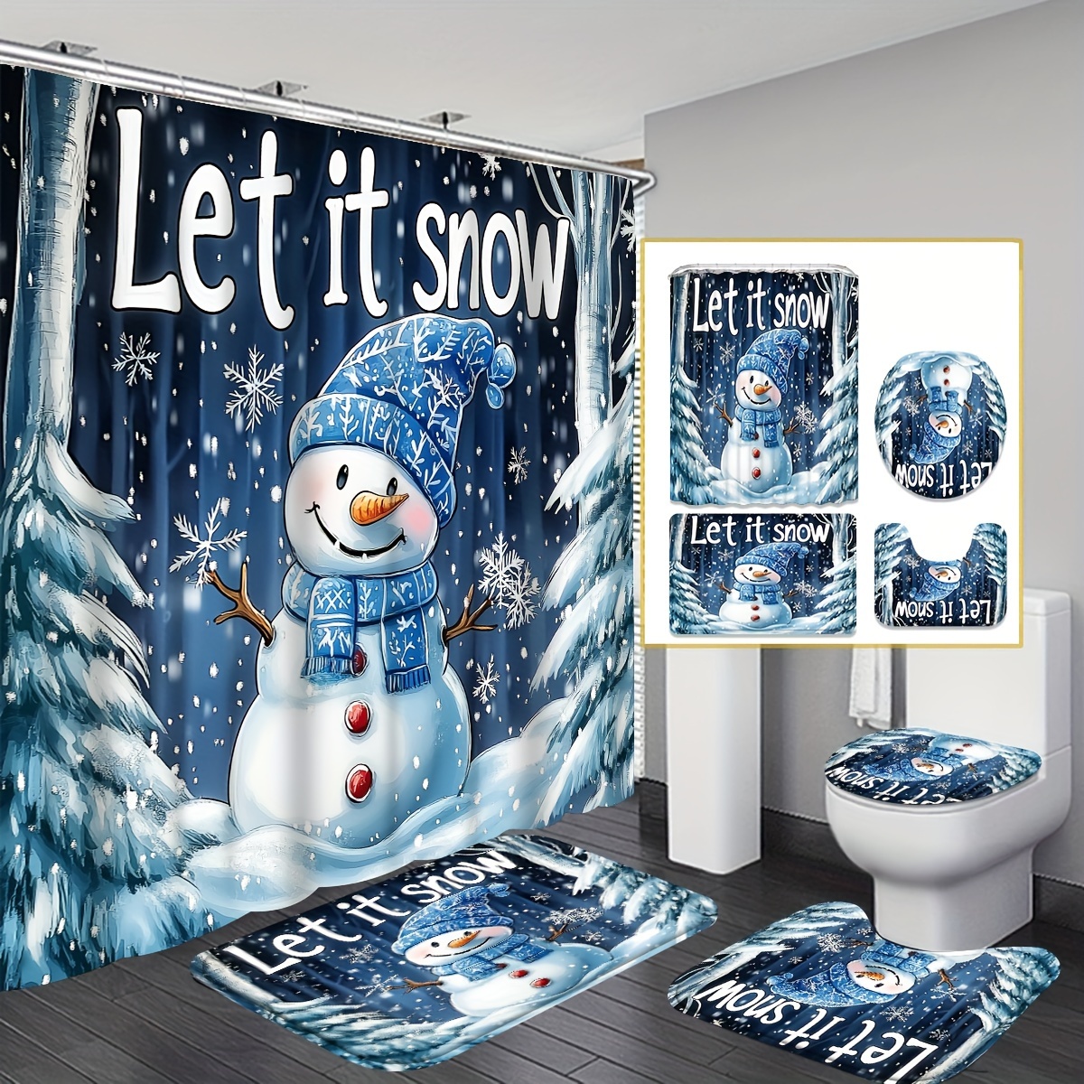 

1/4pcs Snowman Christmas Shower Curtain Set 12 , Polyester Curtain, , Bathroom Decor Set, Includes Bath Mat, U-shaped And 12