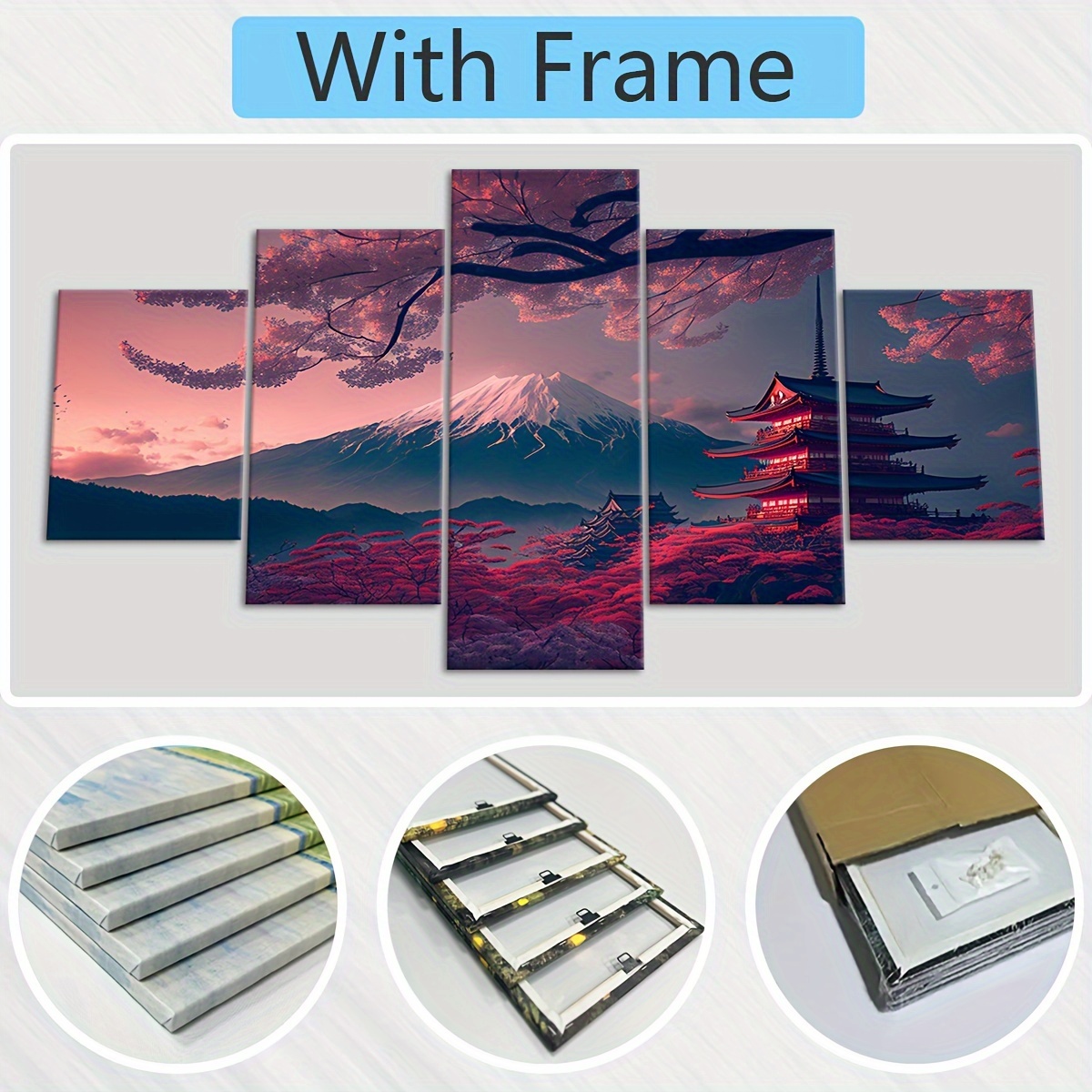 2D Plat 5 stuks Lijst Fuji Sneeuwberg Sakura Boom Canvas Poster