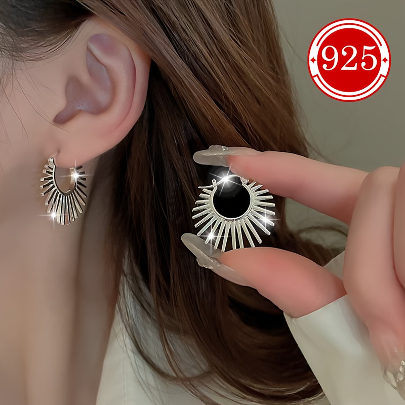 

1 Pair Elegant 925 Silver Hypoallergenic Geometric Tiered Fan-shaped Stud Earrings, White Golden Plated, Lightweight 5.8g, , Celebrations, And Holiday Gifts, For Christmas