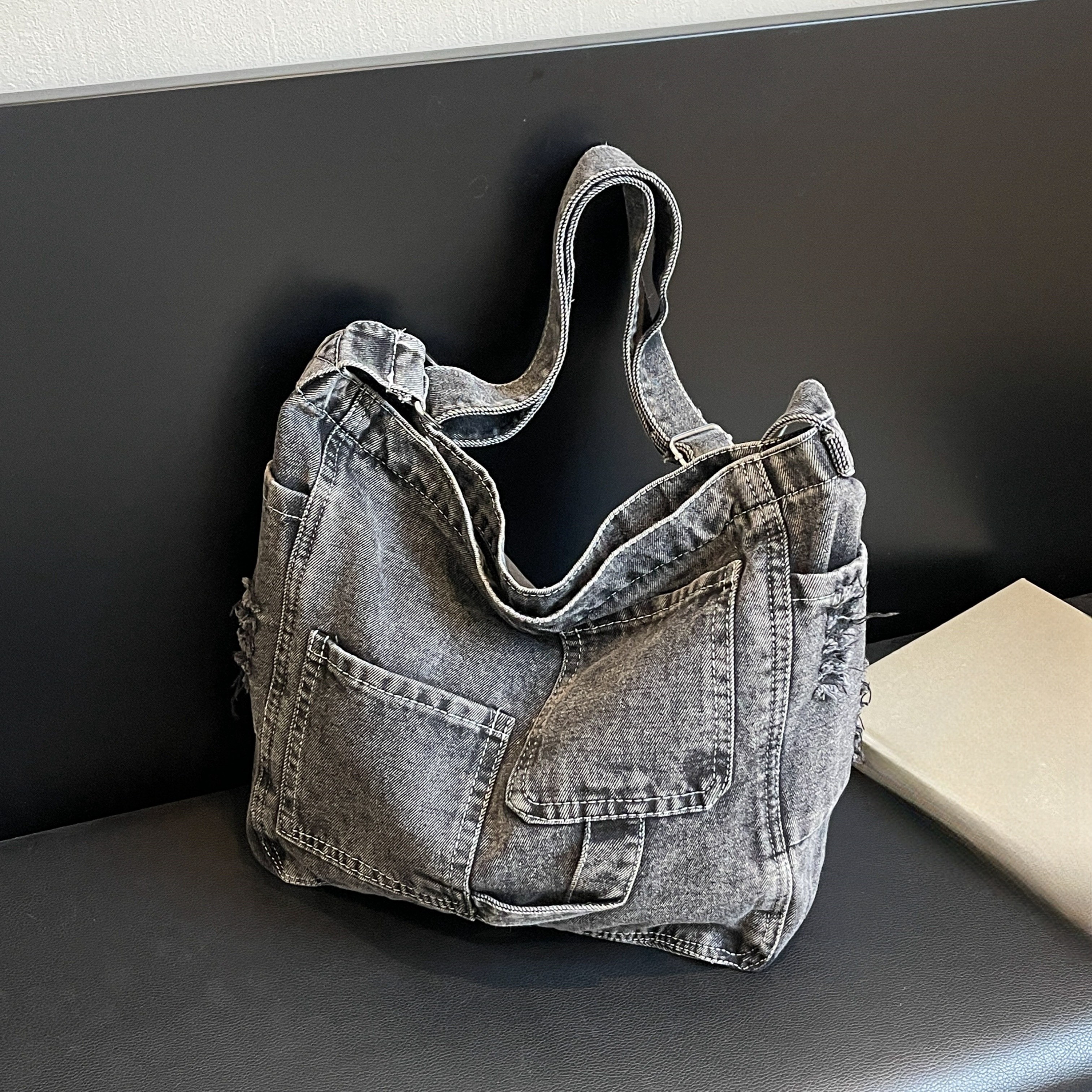 Casual Denim Messenger Tote Bag, Handheld Fashion Shoulder Purse with Zipper Closure, Polyester Lined, Frayed Edges * for Shopping, School, Wor Casual Denim Messenger Tote Bag, Handheld Fashion Shoulder Purse with Zipper Closure, Polyester Lined, Frayed Edges * for Shopping, School, Wor