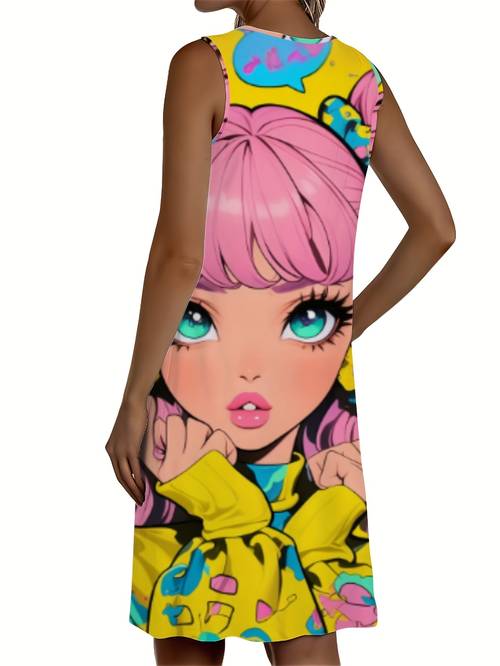 womens sleeveless casual dress with vibrant graphic print soft breathable length dress round neck machine washable for casual attire versatile wardrobe staple cartoon design clothing style lovers