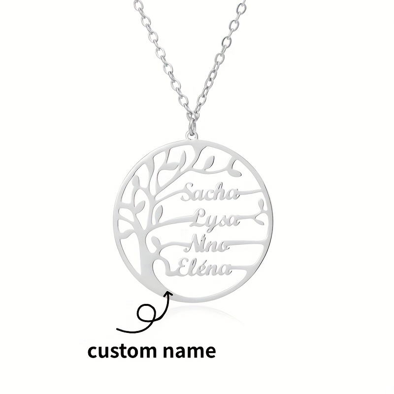 TEMU Collar con colgante de árbol familiar personalizado, a medida para mujeres con 1-4 apellidos en un diseño circular, de acero inoxidable, cadena
