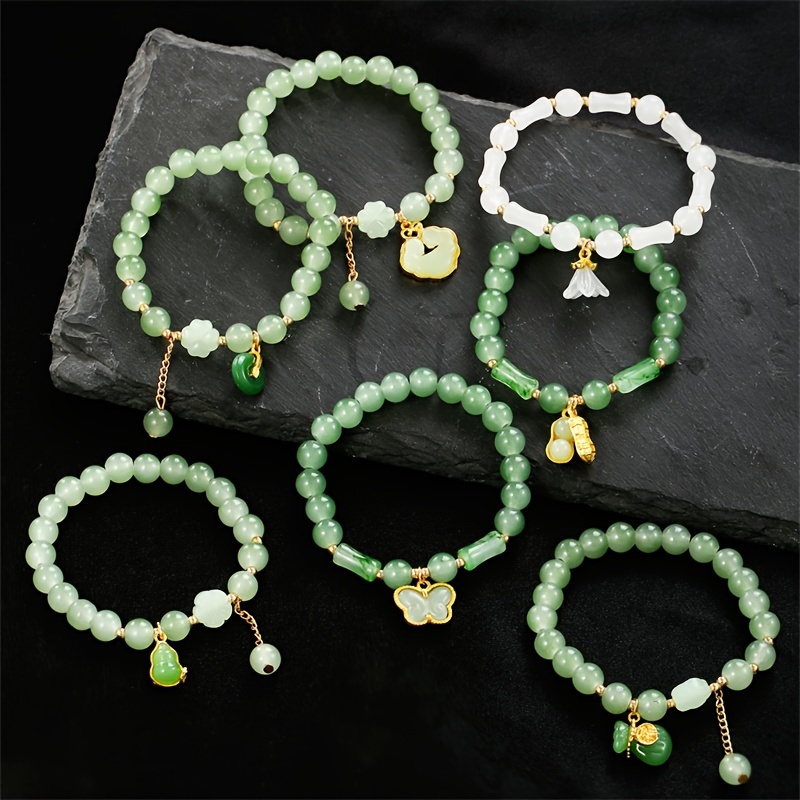 TEMU Elegant 7pcs Beaded Bracelet Set With Butterfly & Lily Pendants - , Vintage Chinese Style, Casual Attire Or Gifting