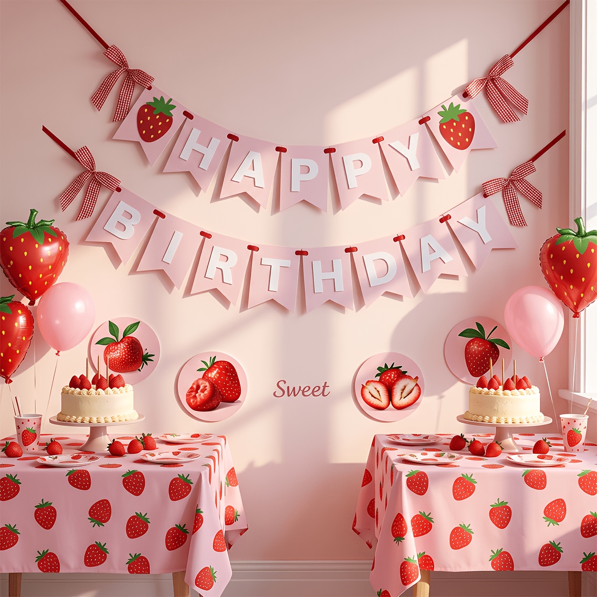 TEMU 19pcs Strawberry Happy Birthday Banner Pink Pennant Bunting Flags With Red Gingham Bow Party Decoration Hanging Garland For Birthday Party