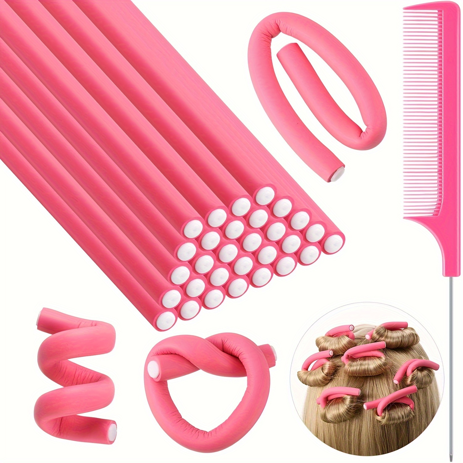 

30pcs Flexible Curling Rods Twist Foam Hair Rollers Soft Foam No Heat Hair Rods Rollers And 1 Steel Pintail Comb Rat Tail Comb For Women Long And Short Hair
