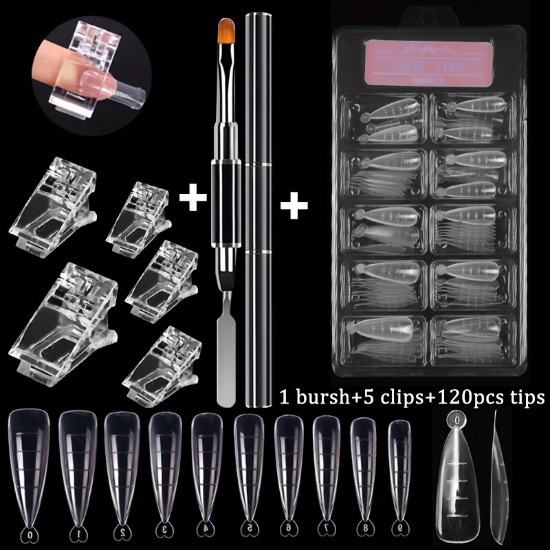 

Acrylic Nail Tips Set For Quick Building, Clear Artificial Fake Nails Kit With Black Dual-ended Polygel Brush And Picker Nail Clips, Diy Manicure Tools Set