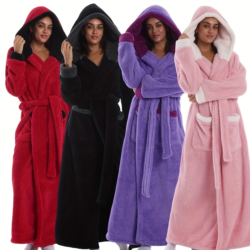 1pc cozy fleece robe for couples thick long sleeve hooded bath sleepwear in vibrant colors red     for fall winter hand wash or   bath robe wash cloths