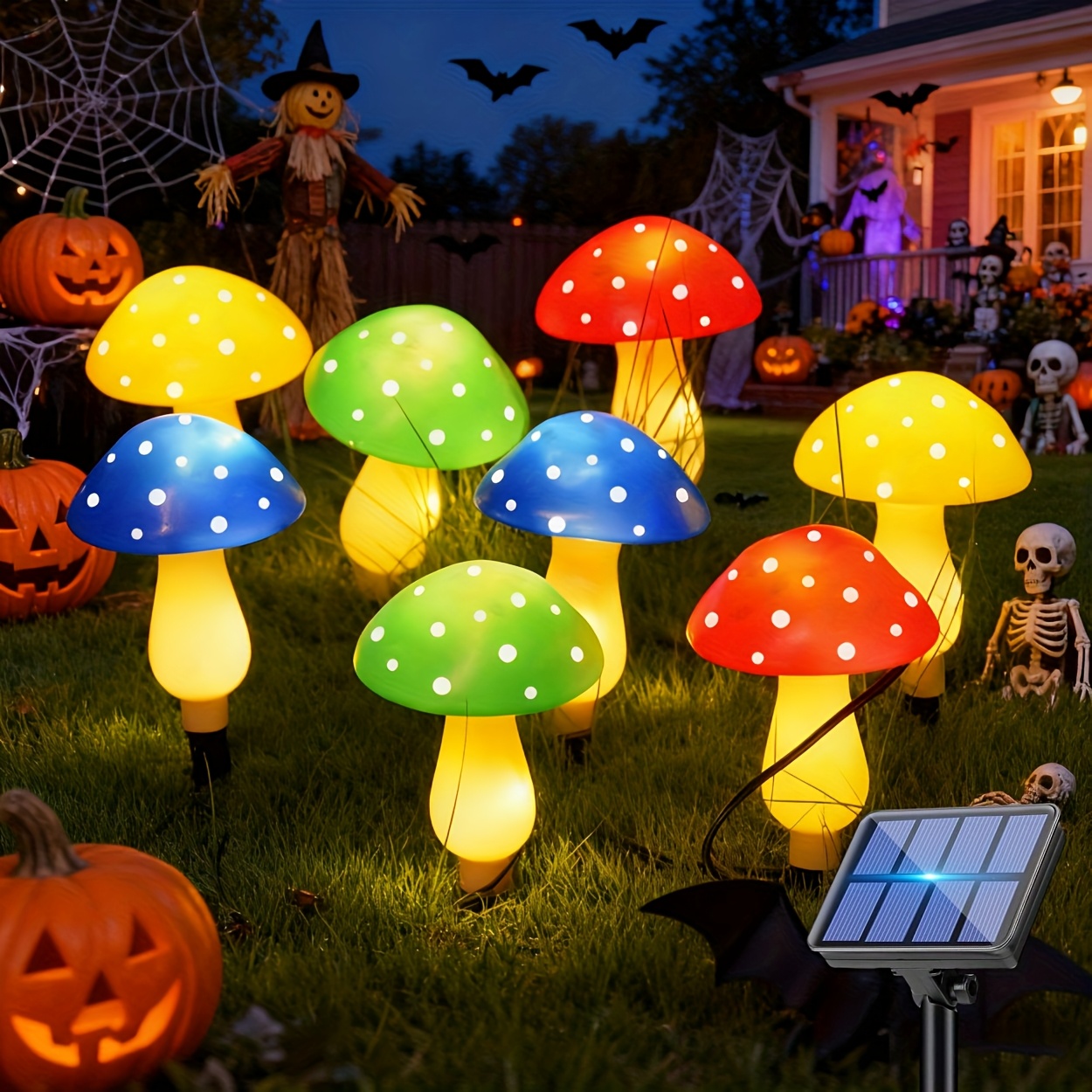 Set Of 8 Solar- Mushroom Lights, Perfect For Outdoor Halloween Decor, A Spooky Ambiance. Ideal For Garden Decoration, Lights Feature 8 Different And Come In Colors