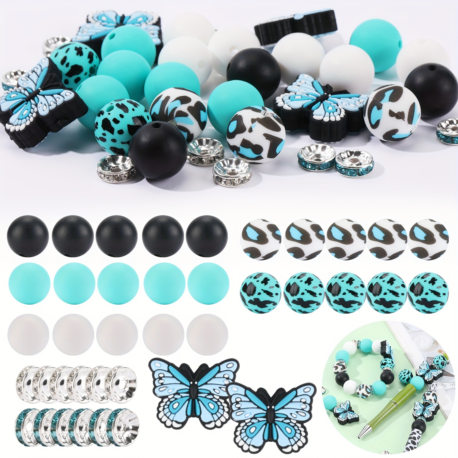 

105pcs Silicone Bead Craft Kit - Blue, White, & Black With Shapes & Accents For , Keychains & Pens - Includes Spacer Beads & Crafting Tools, Silicone Character Beads