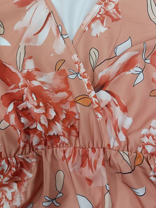 womens elegant floral print maxi dress with flutter sleeves and waist cincher v neck polyester 100 summer fitted dress 110g m woven fabric adult belt detail