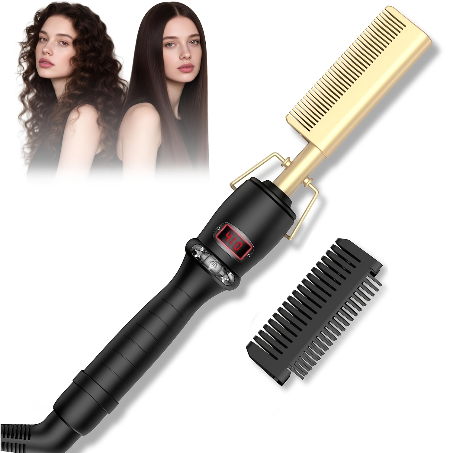 Hot Comb, Travel Curling Iron Double Voltage 110-240v With European Plug Adapter, 12 Temp Settings Straightening Comb For Black Hair, Pressing Combs For Straight/curling