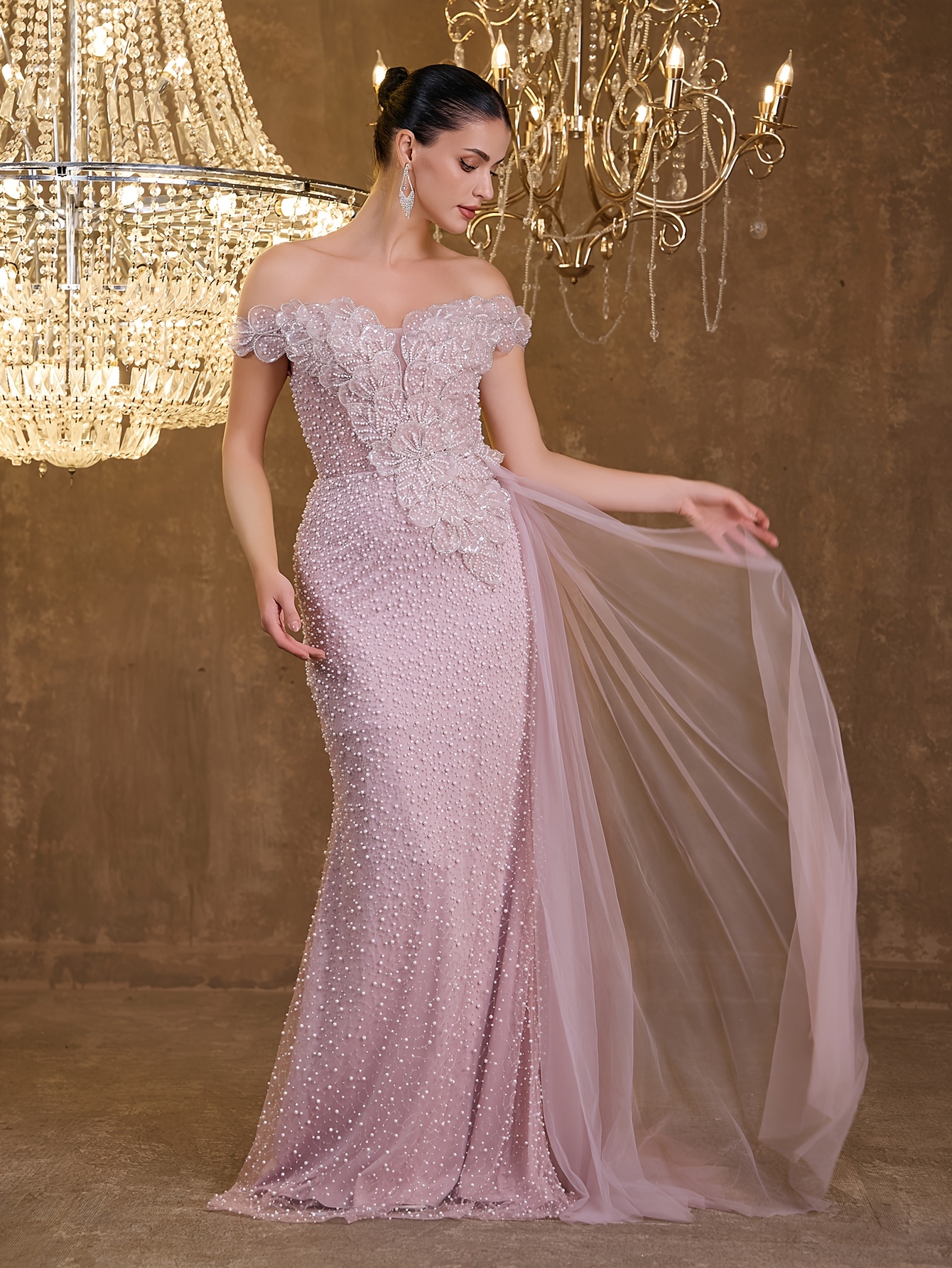 shoulder asymmetrical floral sequin