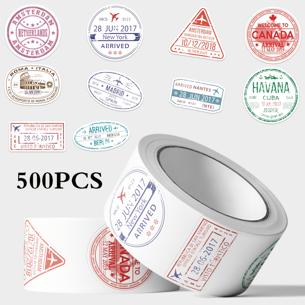 

500pcs Roll Pvc Travel Passport Stamp Stickers, Assorted Seals For Scrapbooking, Journals, Laptops, Diy Crafts, Guitar Decals