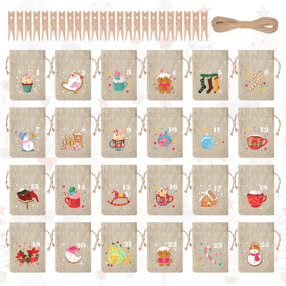TEMU 24 sacs de calendrier de l'Avent de Noël, jolis sacs cadeaux en lin à cordon avec motif d'épices et de de neige, avec impression de chiffres,