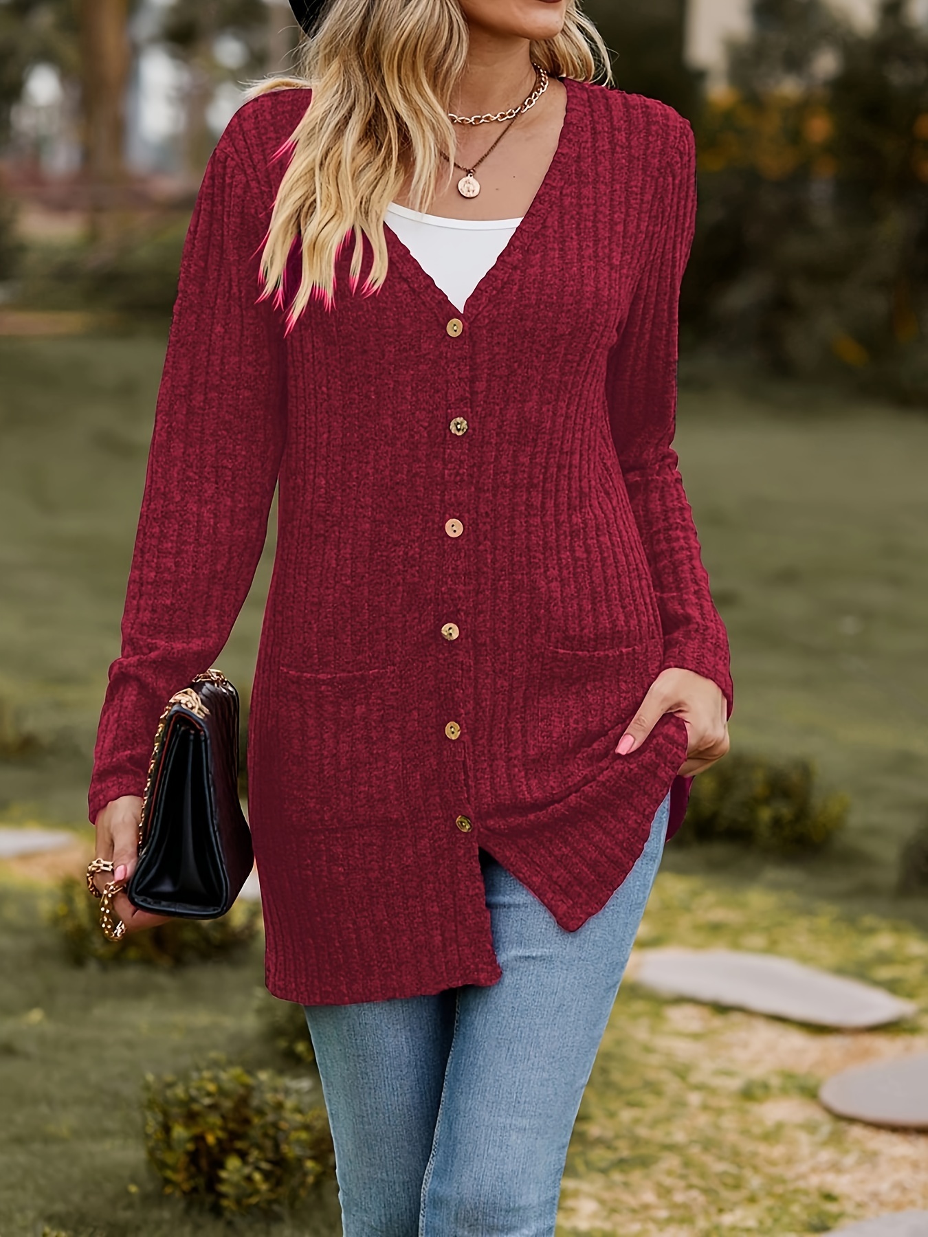 Womens burgundy 2024 cardigan sweater