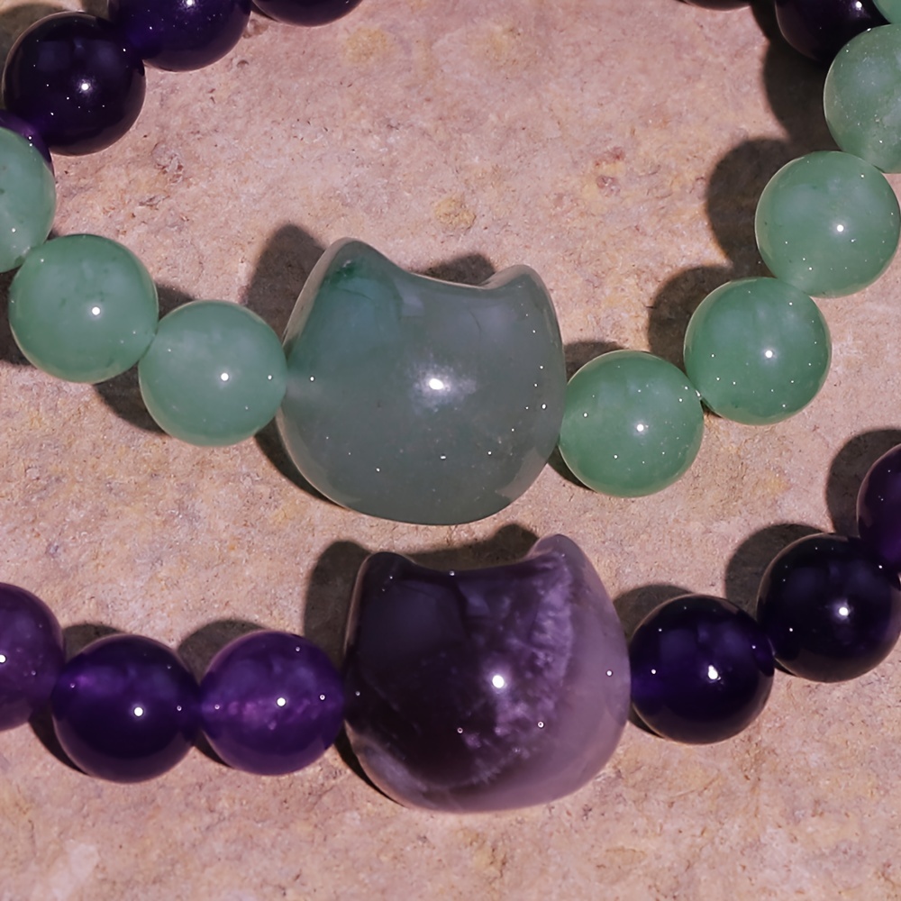 Cat Themed Stone Bracelet in Rose Quartz, Turquoise & Amethyst