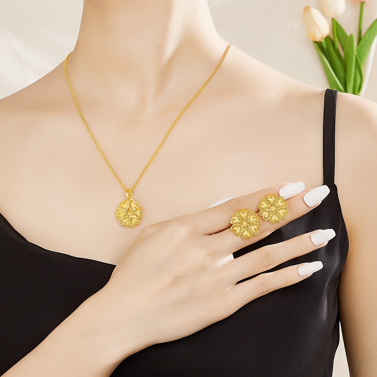 3D Flower Earrings & Pendant Set, Golden for Parties & Balls