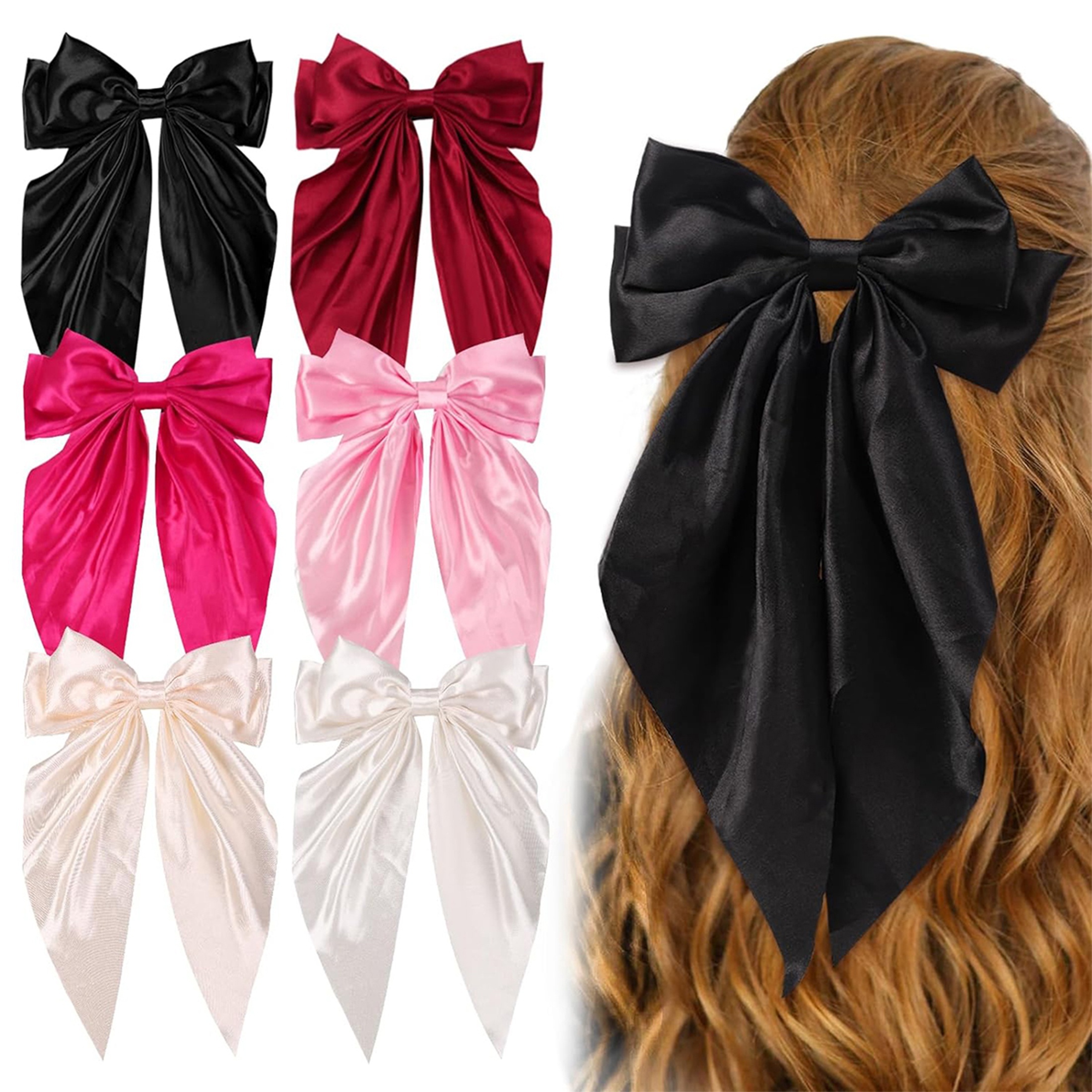 

6pcs Set Of Elegant Satin Bow Hair Clips - Soft Ribbon Tassels, Vintage & In Black, Pink, Burgundy, , Rose, White