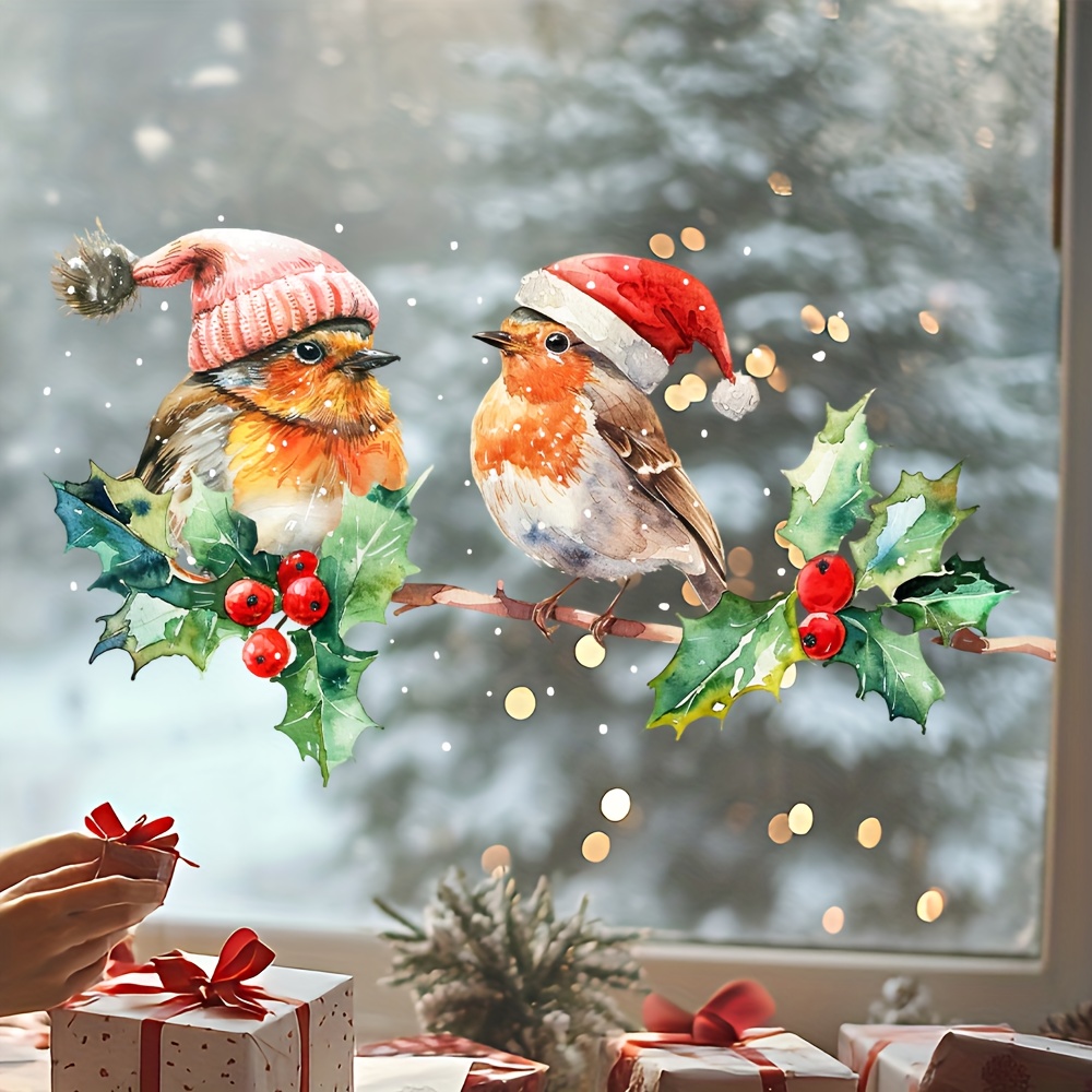 TEMU 1pc & Holly Static Cling Window & Wall Stickers - Reusable Pvc Glass Decorations With Red Berries, Holly Leaves, Snowflakes & Golden Baubles -