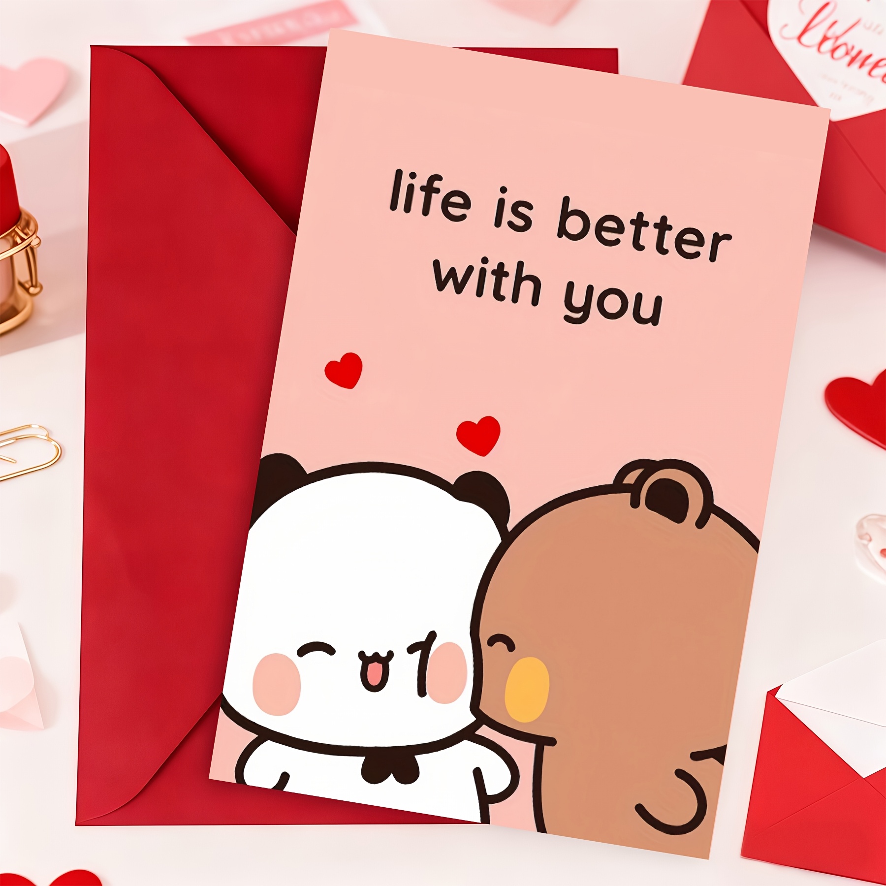 TEMU Carte de vœux avec petit cœur rouge et enveloppe rouge, motif de dessin , carte d'art Kuma, pour anniversaire, espace intérieur vierge, cadeau