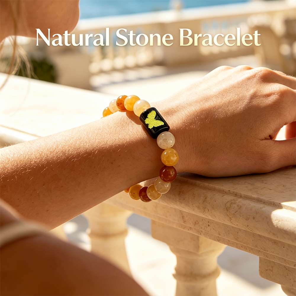 Women's Natural Agate Beaded Bracelet with Golden Engraved Butterfly