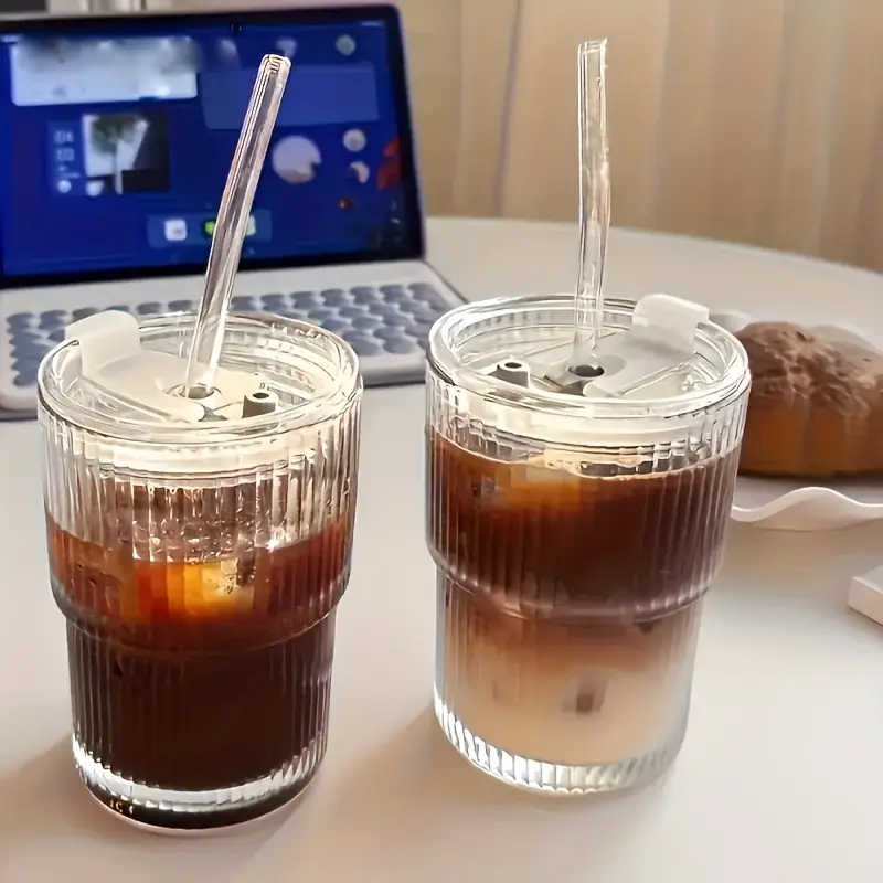 6pcs ribbed glassware glass cups with lids and straws dishwasher safety coffee cups with lids and straw sets reusable iced coffee cups for iced water milk tea Product details 1