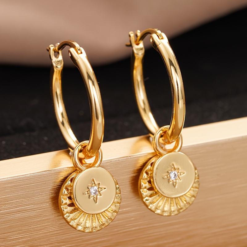 TEMU Aretes de aro colgantes con incrustaciones de circonita sintética de estrella y sol para mujer, para uso diario, casual, de , joyería, regalo
