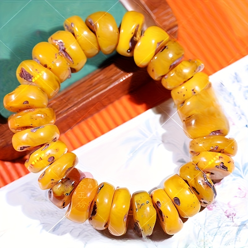 Image of 2pcs Bohemian Natural Yellow Resin Bracelets Suitable For , Minimalist Unisex Resin Wristbands, Natural For Casual Attire, Neutral Gift For Casual Or Special Occasions