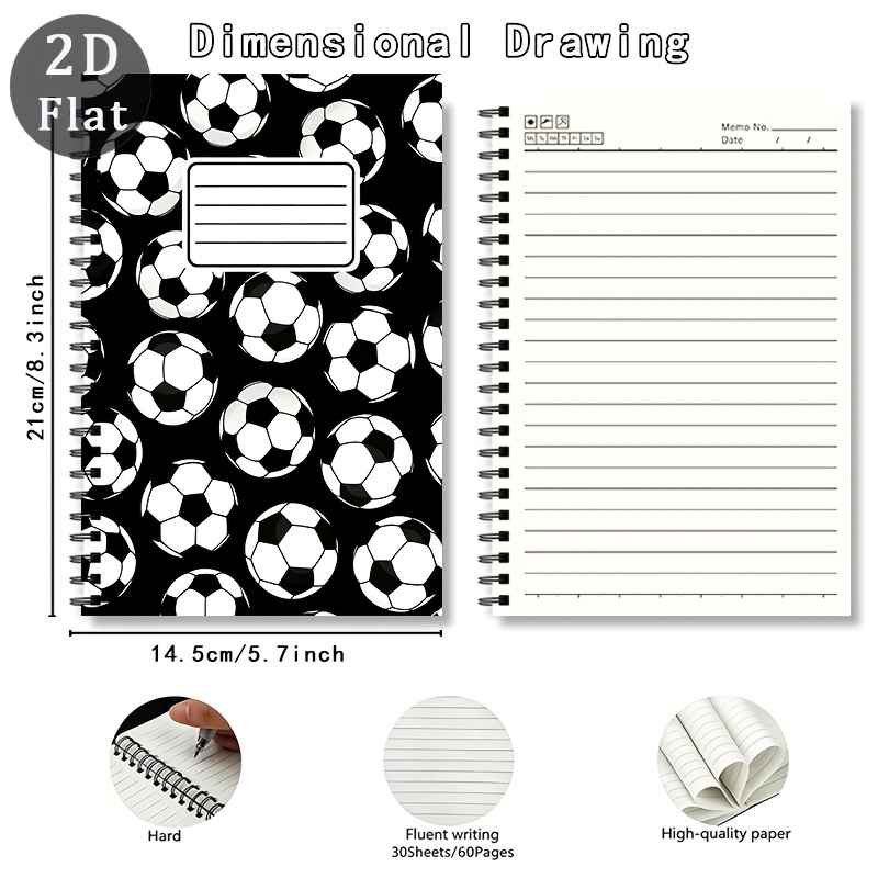 TEMU 1pc Black And White Soccer Design 2d Spiral Cross-line Notebook, Total 60 Pages Spiral Bound, Suitable For School And Office Use, Perfect Gift