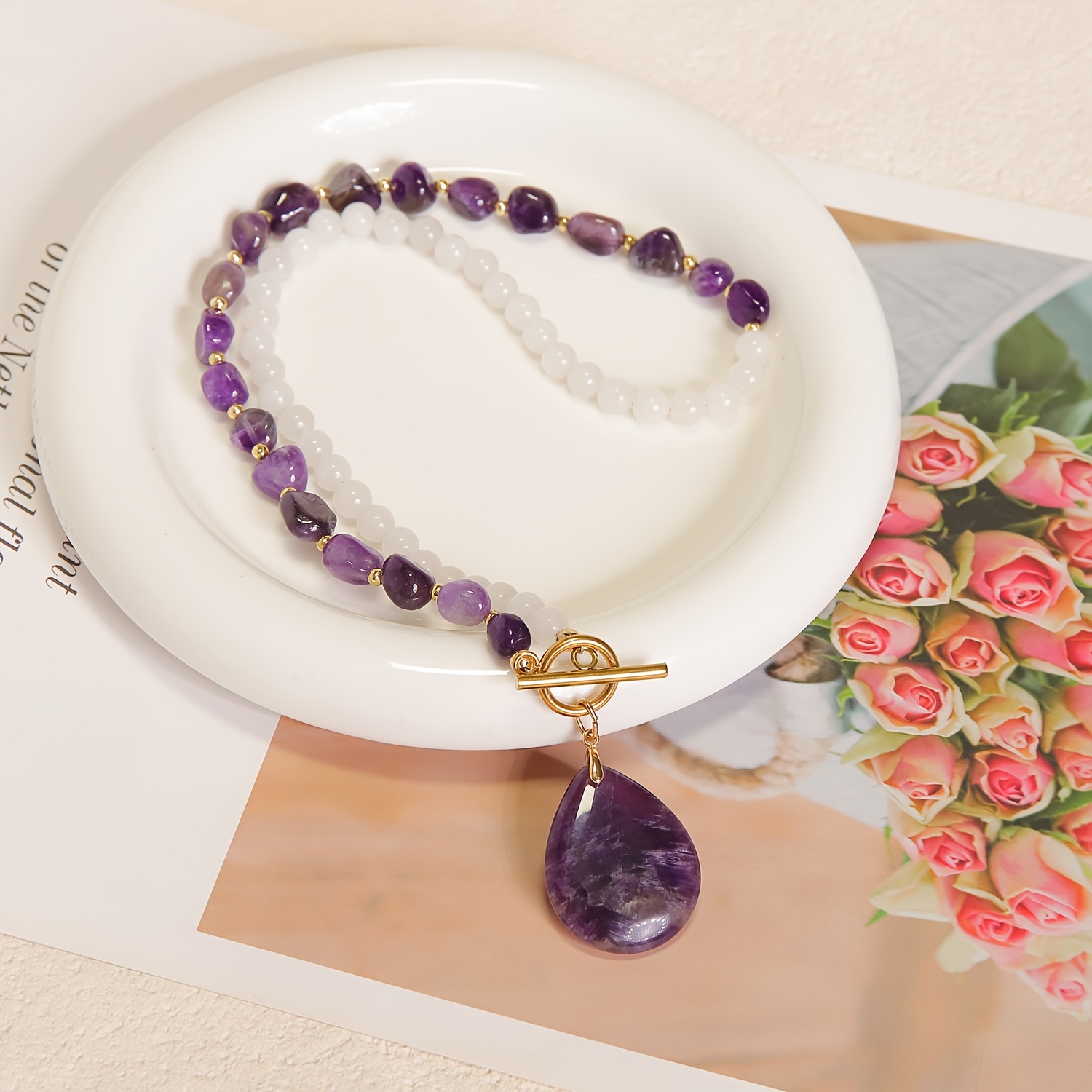 Women's Bohemian Two-Tone Natural Stone Necklace with Amethyst Pendant