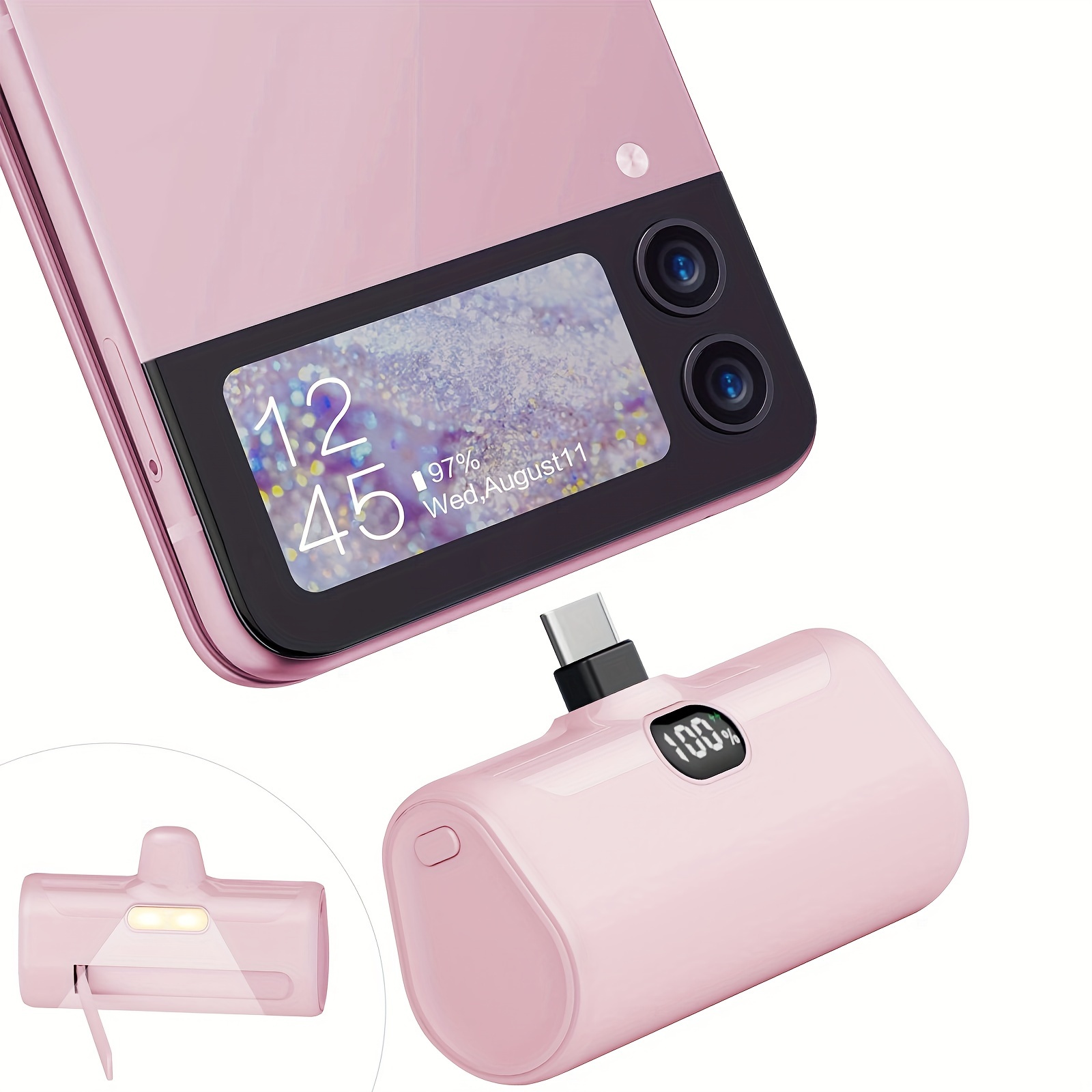 TEMU Small Usb C Portable Charger, 5000mah Ultra Power Bank Built-in Phone Stand And Led Light, Pd15w Lcd Display Battery Pack For Travel, Compatible