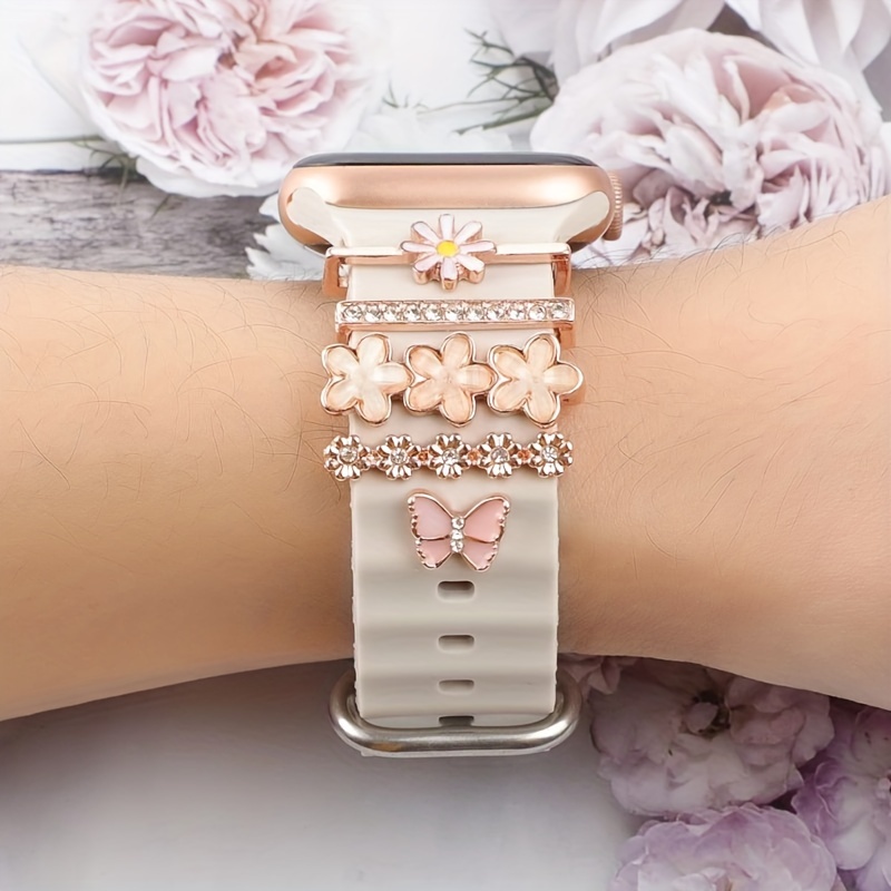Image of 1 Set Of Rhinestone Butterflies, Cloudstone Flower Watch Strap Additions, Suitable For Iwatch Strap Charms, Compatible With Iwatch 49mm 45mm 44mm 42mm 41mm 40mm 38mm Series
