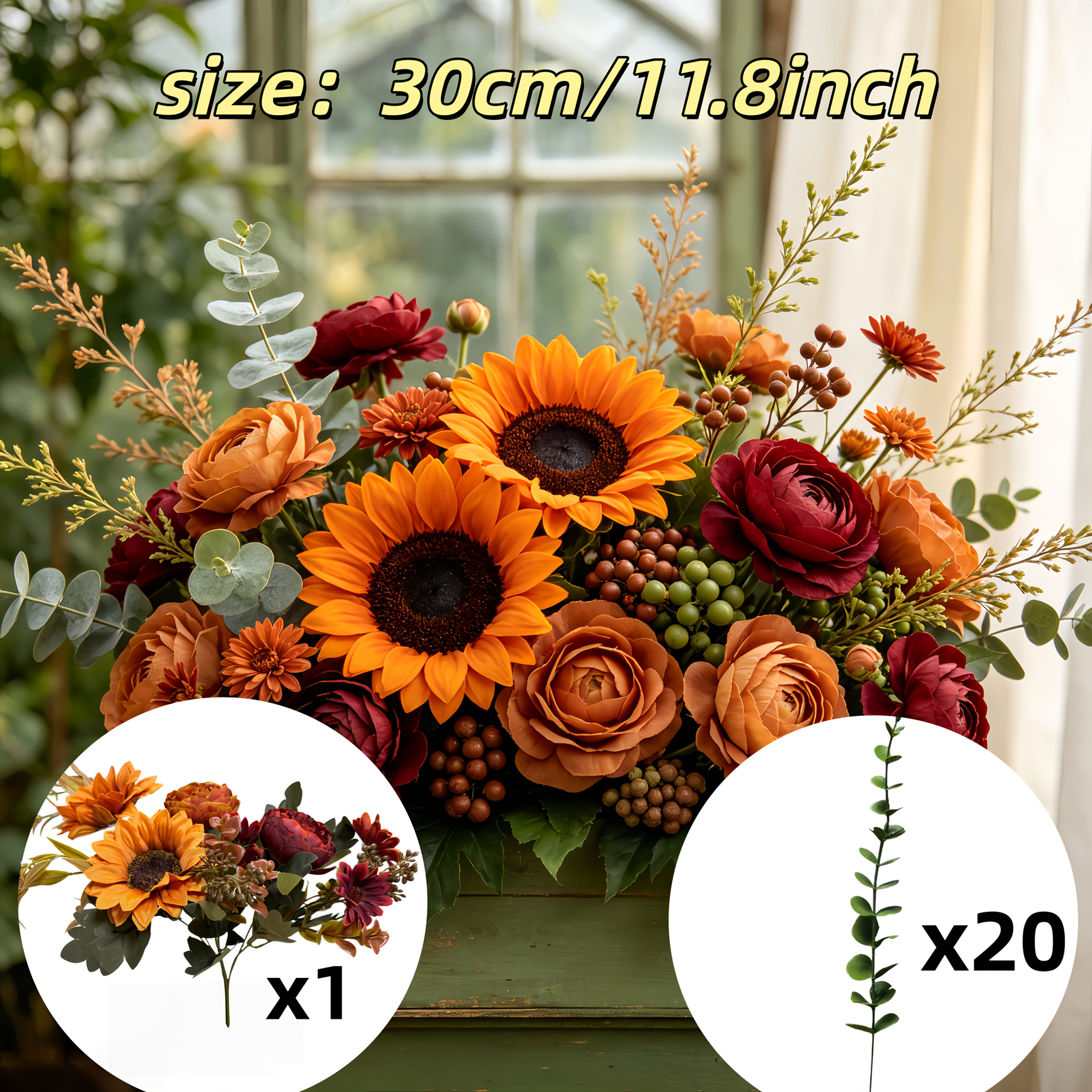TEMU 21pcs Autumn : Sunflower, Peony, Daisy, Eucalyptus Leaves, Premium Faux Mixed Bouquet - Suitable For Home Decor, Holiday Decoration, Photography