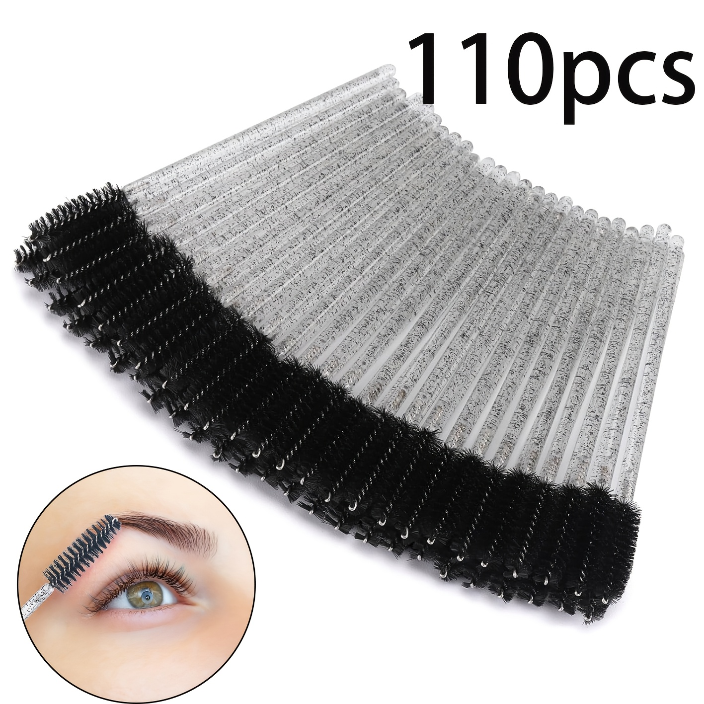 TEMU 110pcs Brosses à cils noires cristal, Brosses à mascara noires, Bâtonnets à cils, Brosses à lèvres, Outils de Cosmétique pour cils faciles à