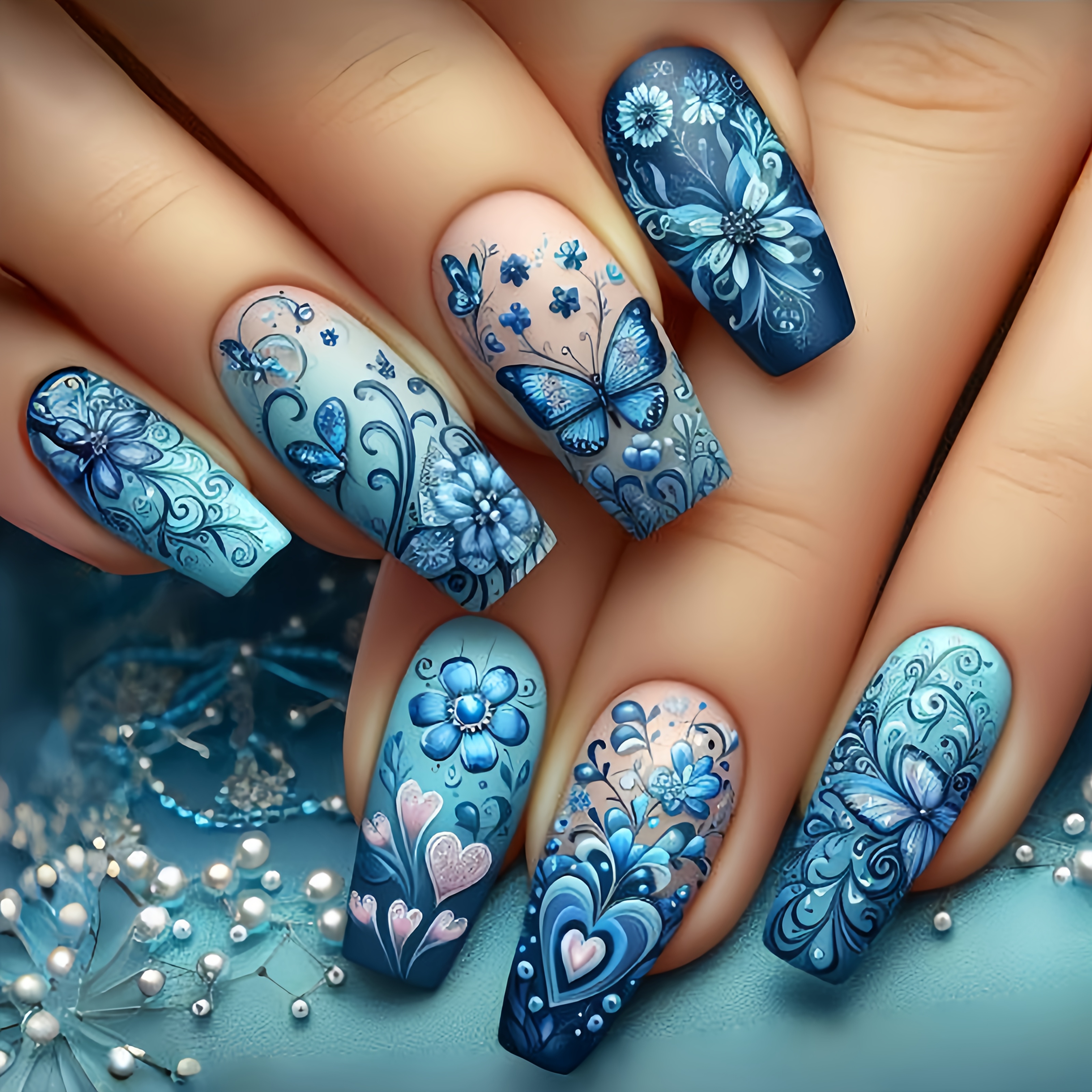 

Mid-length Ballet Nails For Year, Popular Spring And Summer Nail Art, High-end Blue Floral Press-on Nails, Removable 24pcs Box Of Nail Tips, Press-on Nail Stickers.