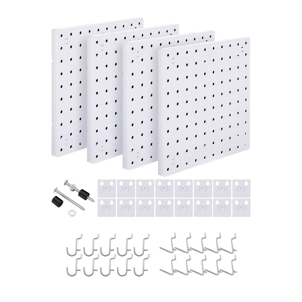 TEMU 4 piezas de tablero perforado de plástico de 25X25 cm con 20 ganchos, espaciado de orificios de 1 , montable en la pared y montable con clavos,