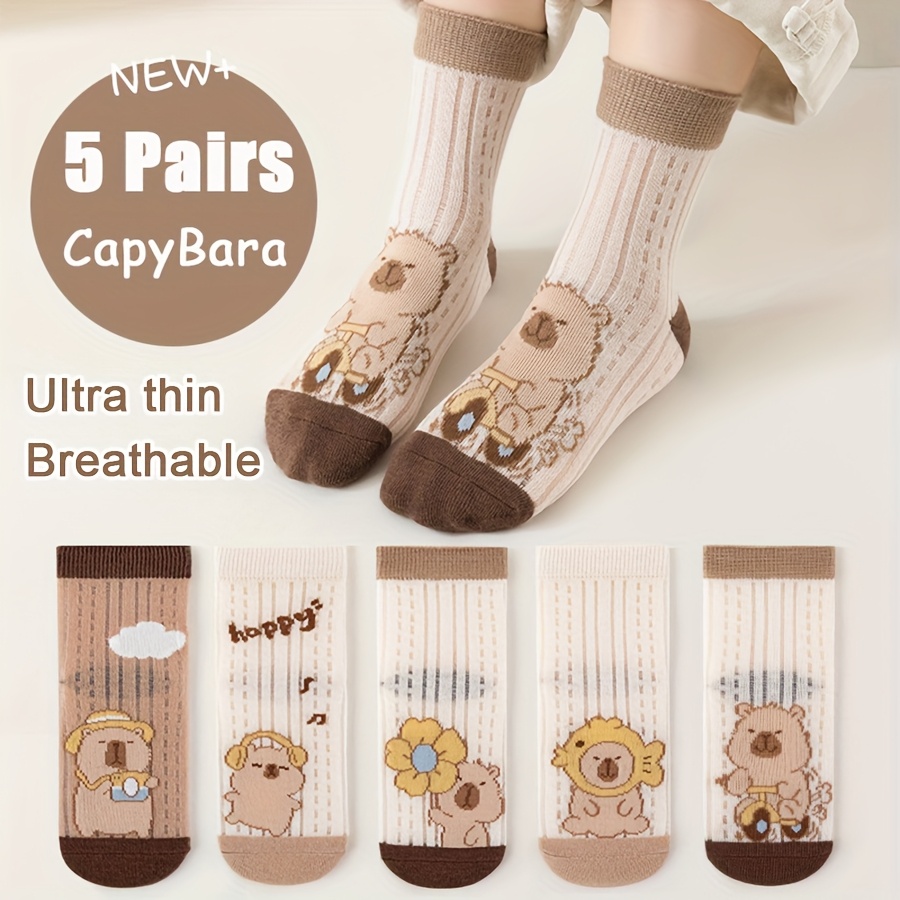 5-pair New Capybara Kids' Mesh Socks, Comfortable, Breathable, Cute, Mid-calf Socks For Toddlers And Children