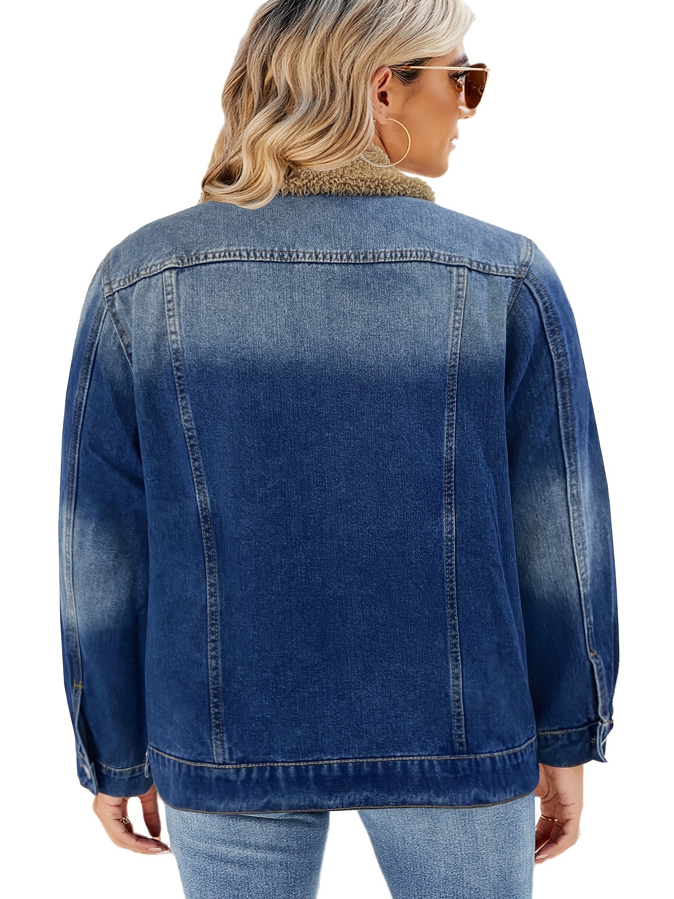 women's plus size denim jacket fur collar street style Temu - Main Image