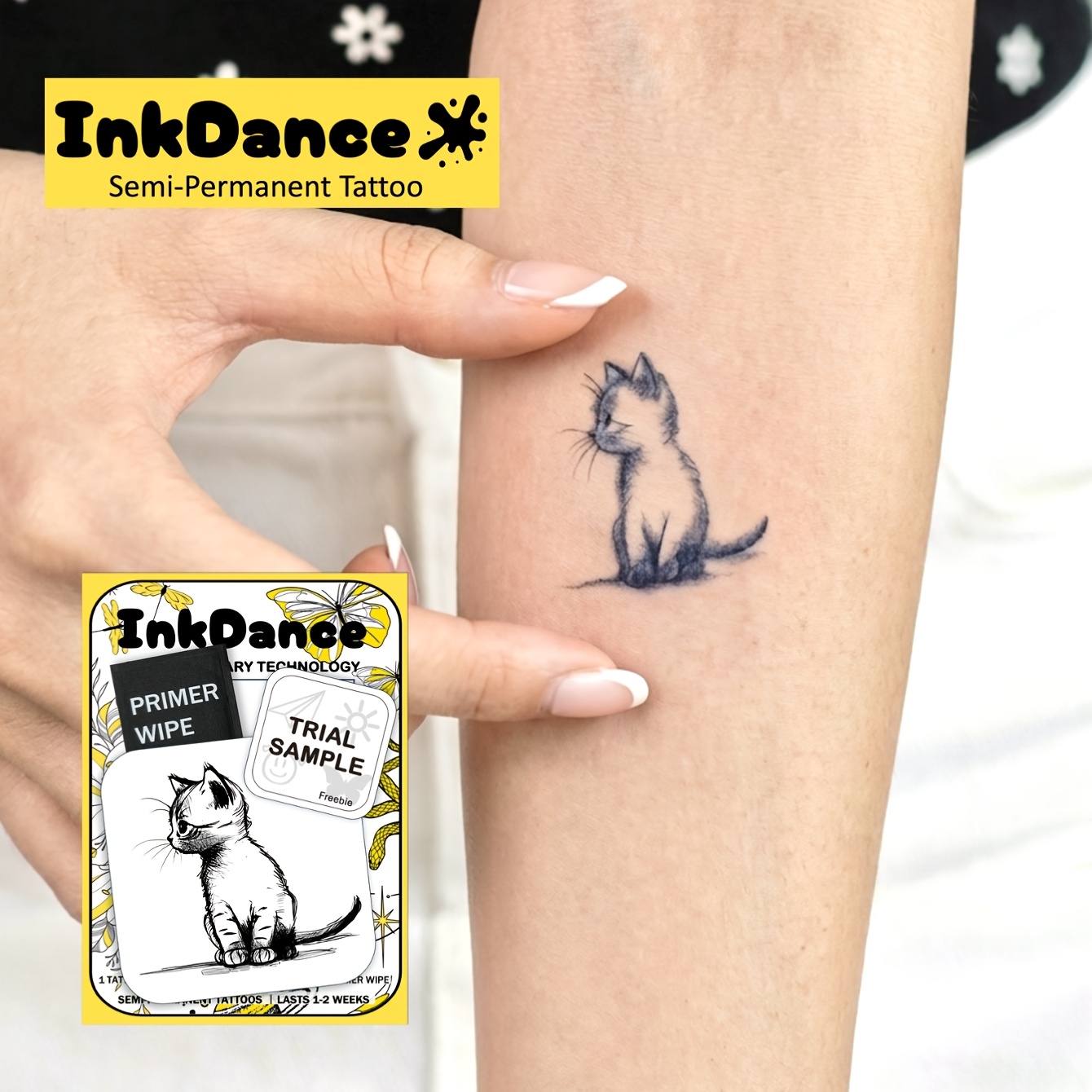 Image of Inkdance " Ink Kitten" Tattoo Sticker, Temporary Tattoo, Semi-permanent, Fake Tattoo, Waterproof And Long-lasting, Realistic Design, 's , Plant-based Formula, Gift Festival Body Art Mnf197