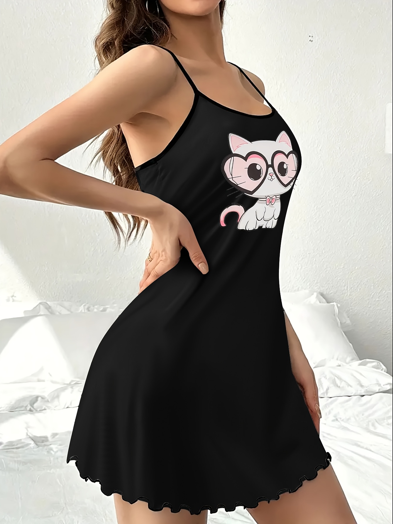 womens cute cartoon cat print sleeveless nightgown soft - Temu Mexico
