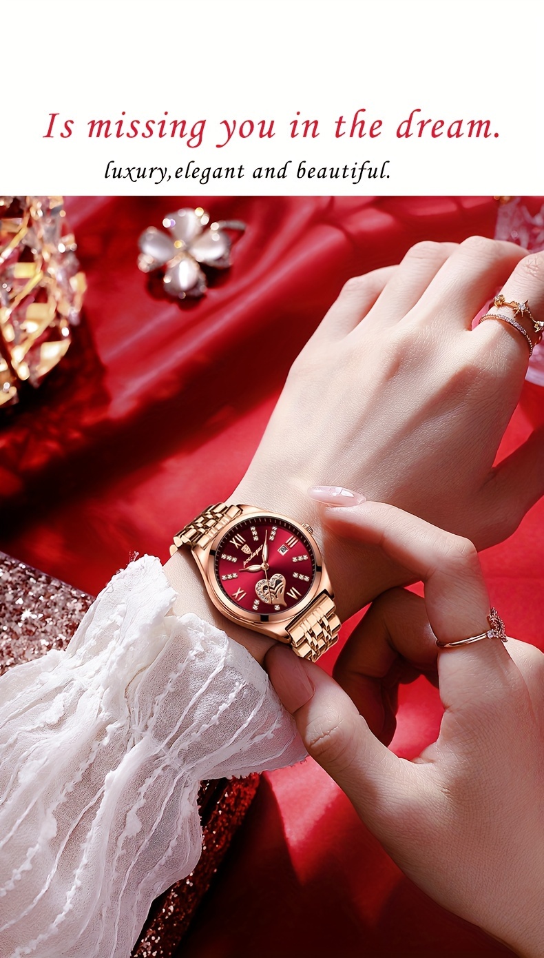 POEDAGAR Elegant Women's Quartz Watch - Rose Golden-Tone Stainless Steel, Luminous Hands & Calendar,, Date Display with Heart Detail