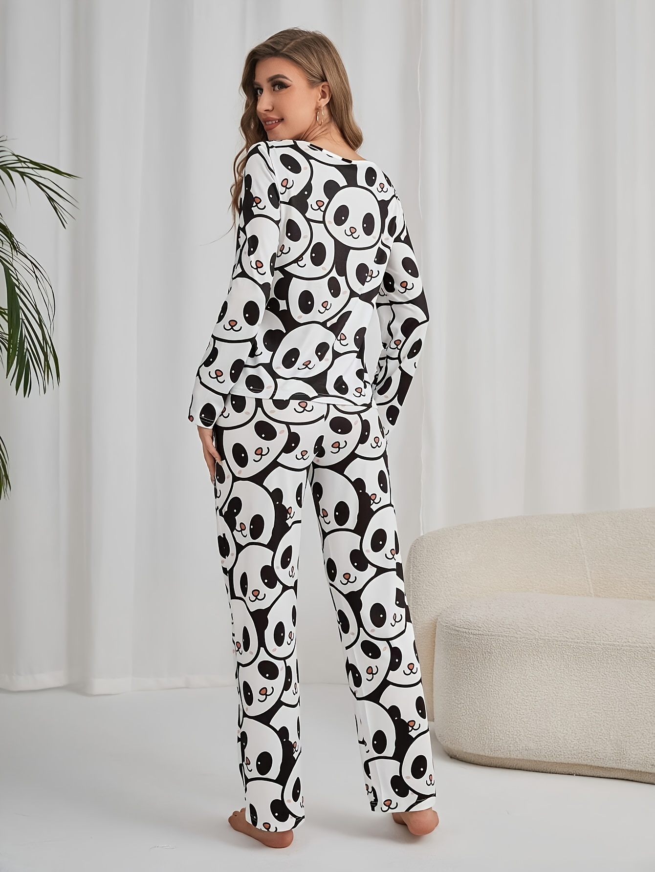 womens cute panda print pajama set long sleeve round neck top pants comfortable relaxed fit for fall Product details 3