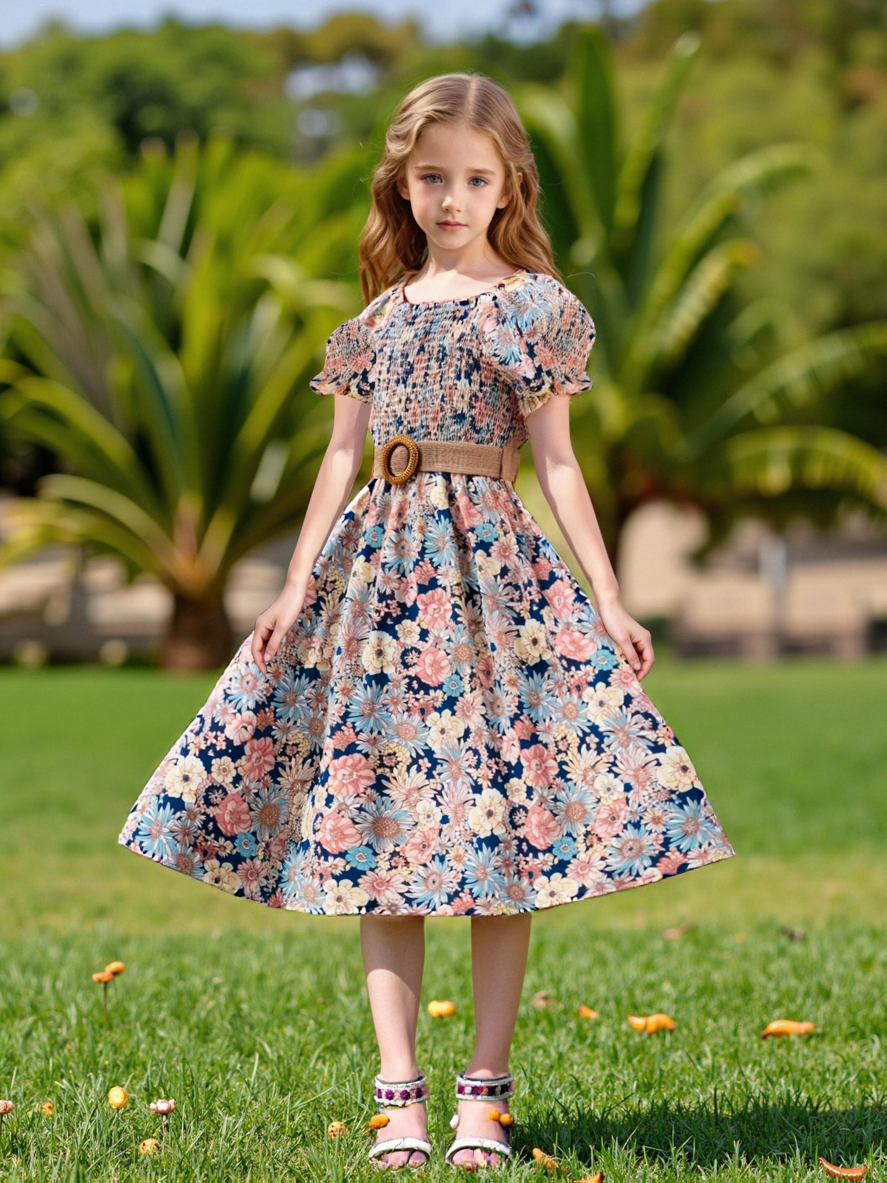 Girls' Puff Sleeve All-Over Floral Print Dress