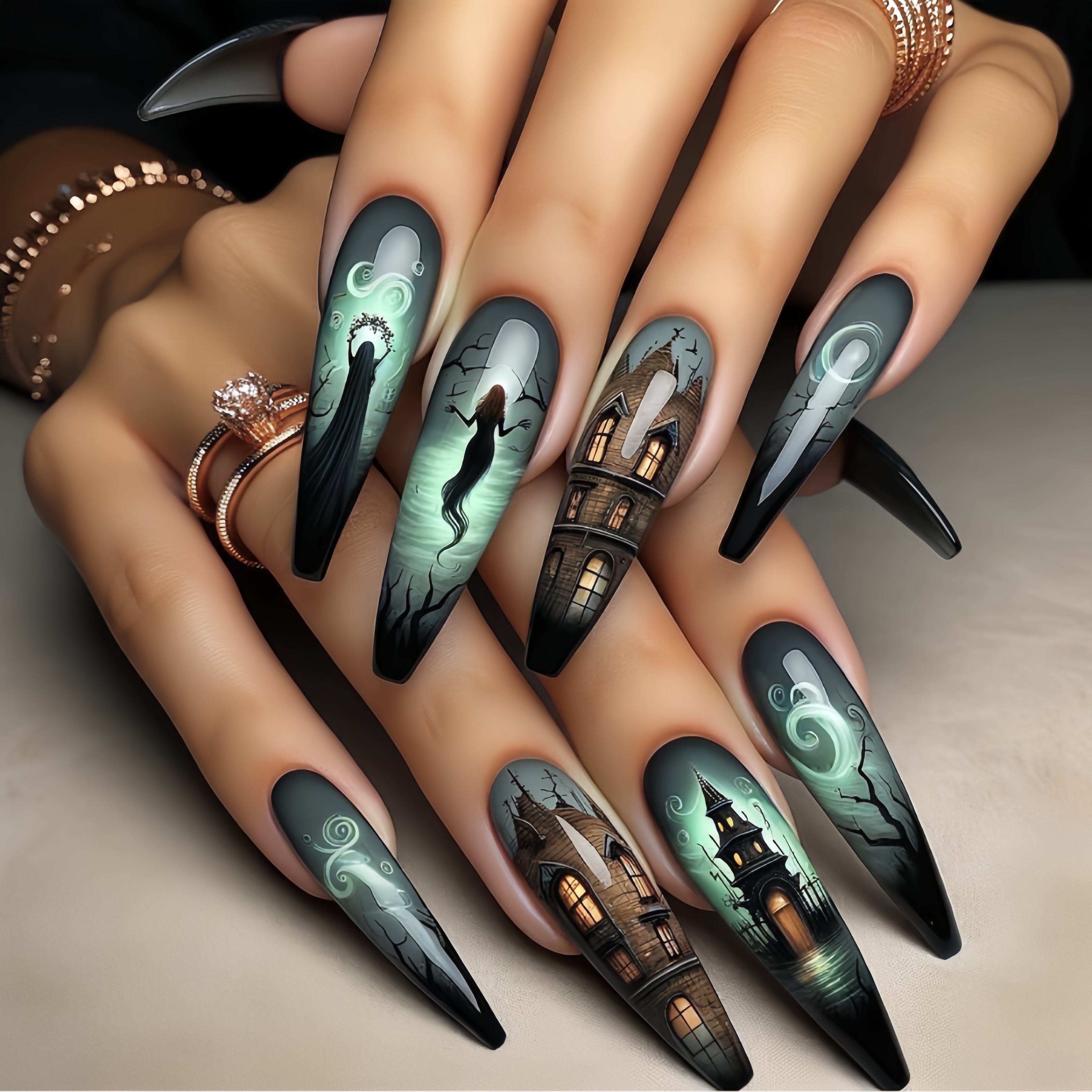 

[customer ] 24pcs Glossy Long Ballerina Fake Nails, Black Press On Nails With Design, False Nails For Women Girls Halloween Nail Decor