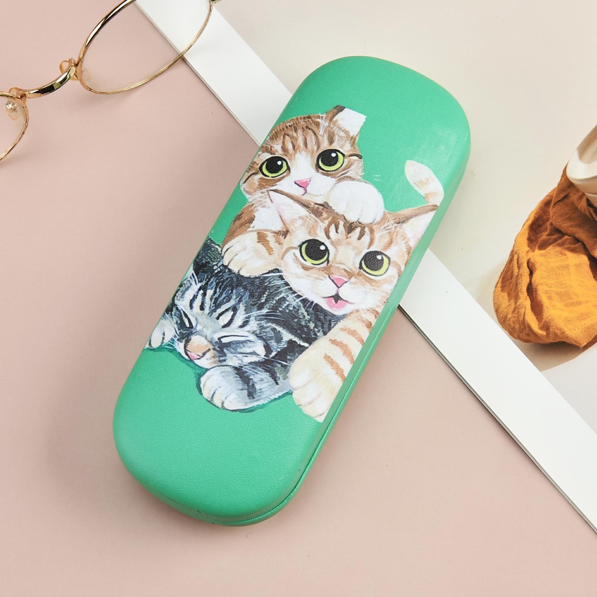 Cute Cat Print Glasses Case, Portable Storage Box