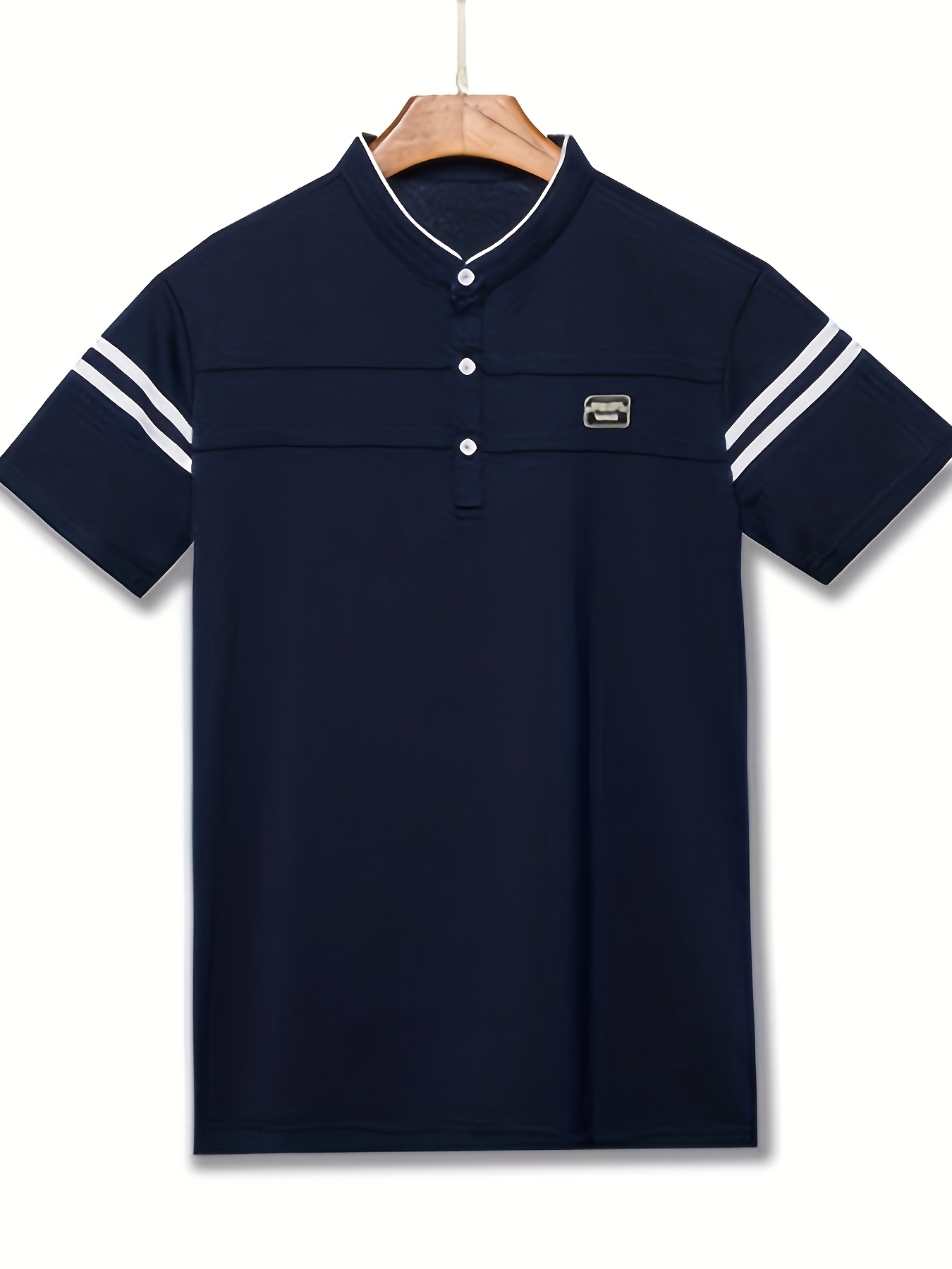 Summer Men's T-Shirt, Solid Color Stand Collar Striped Short Sleeve Shirt, Suitable for Sports, Outdoor, Casual