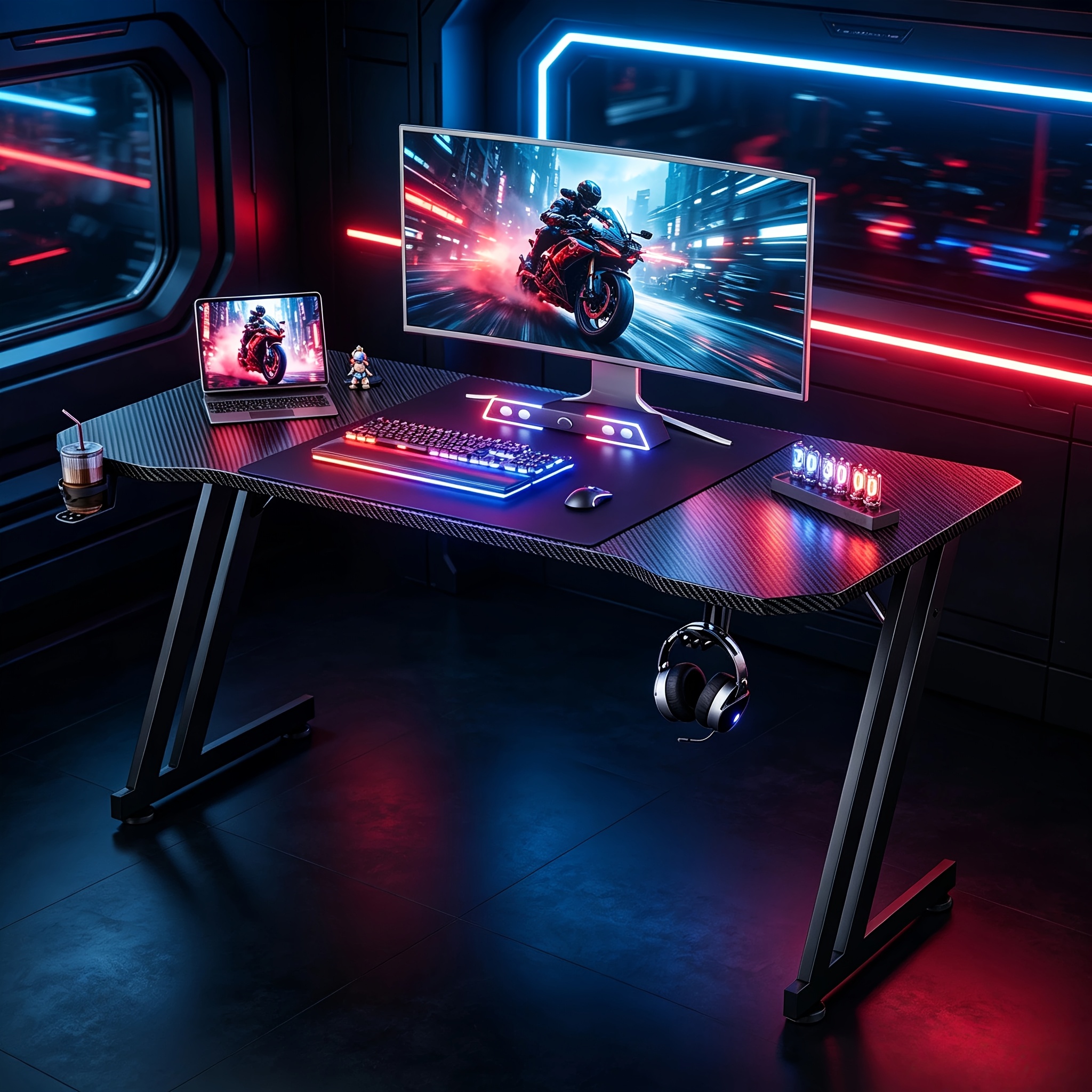 Image of Z-shaped Leg Carbon Gaming Desk, Esports Table With Cup Holder & Headset Mount, Suitable For Home, Bedrooms, And Esports Rooms