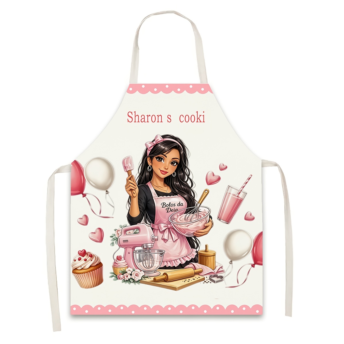 TEMU (customizable) 1pc, Customizable Name/slogan Kitchen Restaurant Apron, Balloon Heart Pattern Print, Work Apron, Painting Craft Cooking Baking