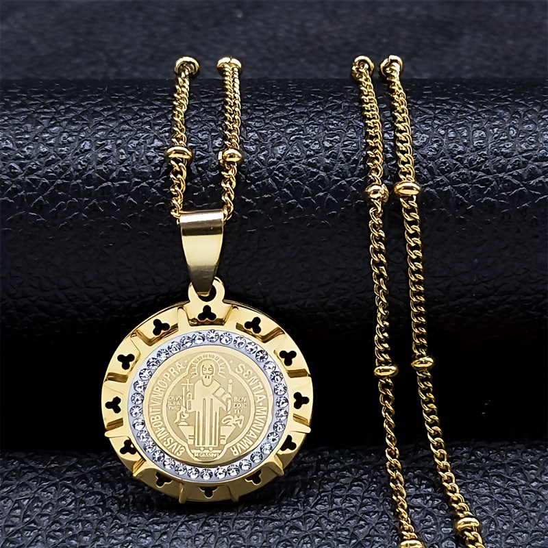 Catholic St. Benedict Medal Necklace, Silvery Chain Jewelry
